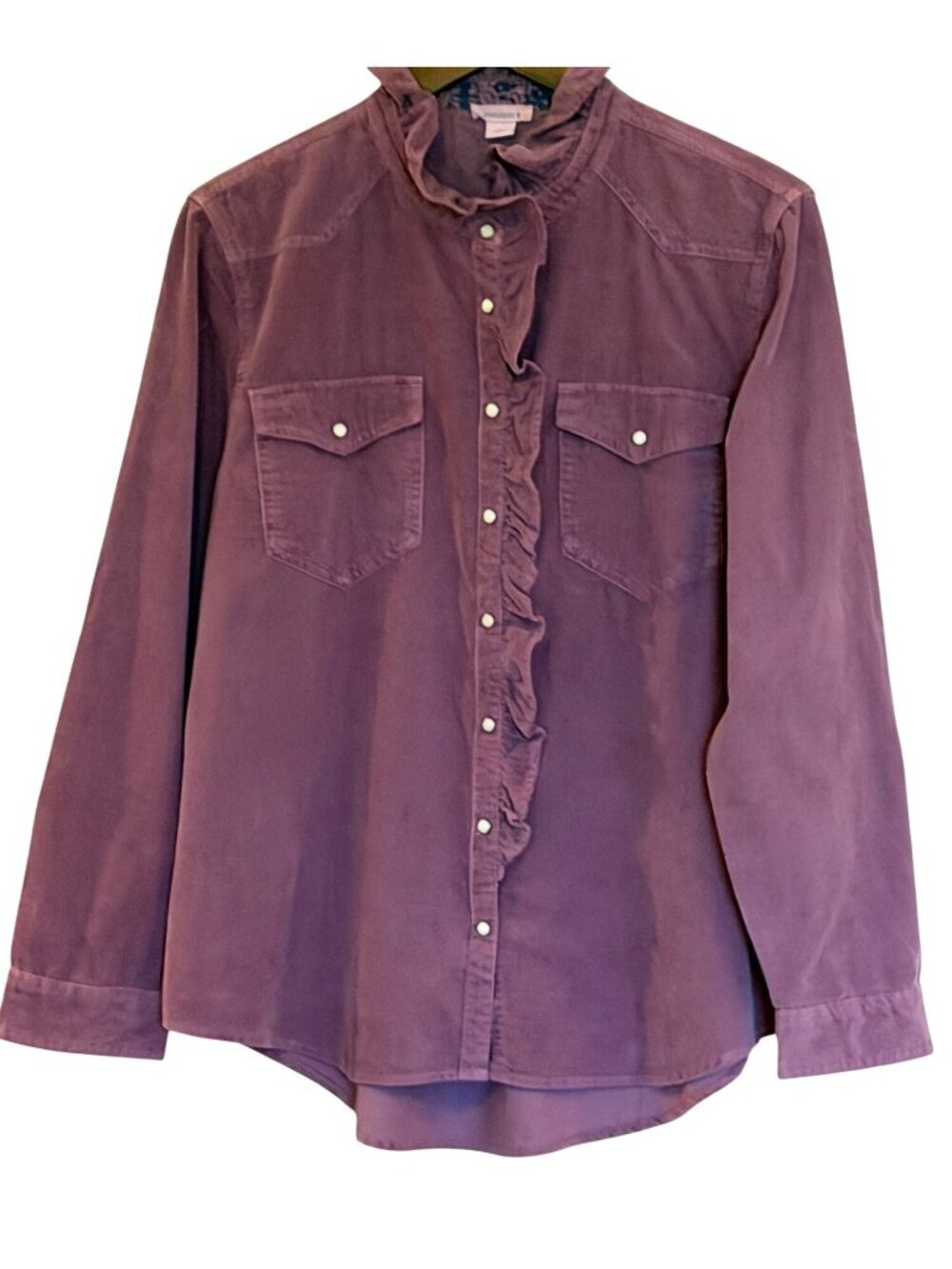 Sundance Ombeline Pearl Snap Ruffle Collar Corduroy Shirt Plum Western Size L